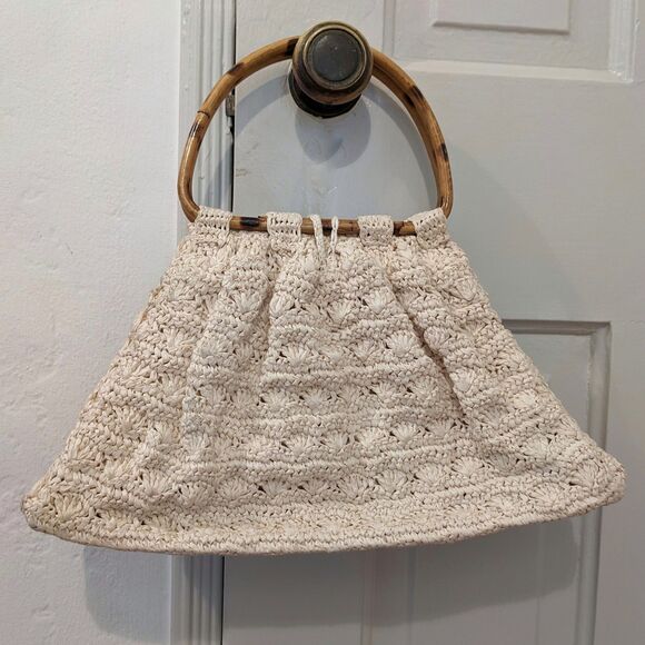 VINTAGE 60s "It's In the Bag" Crocheted Raffia Bamboo Handle Bag Made In Japan - Picture 2 of 11